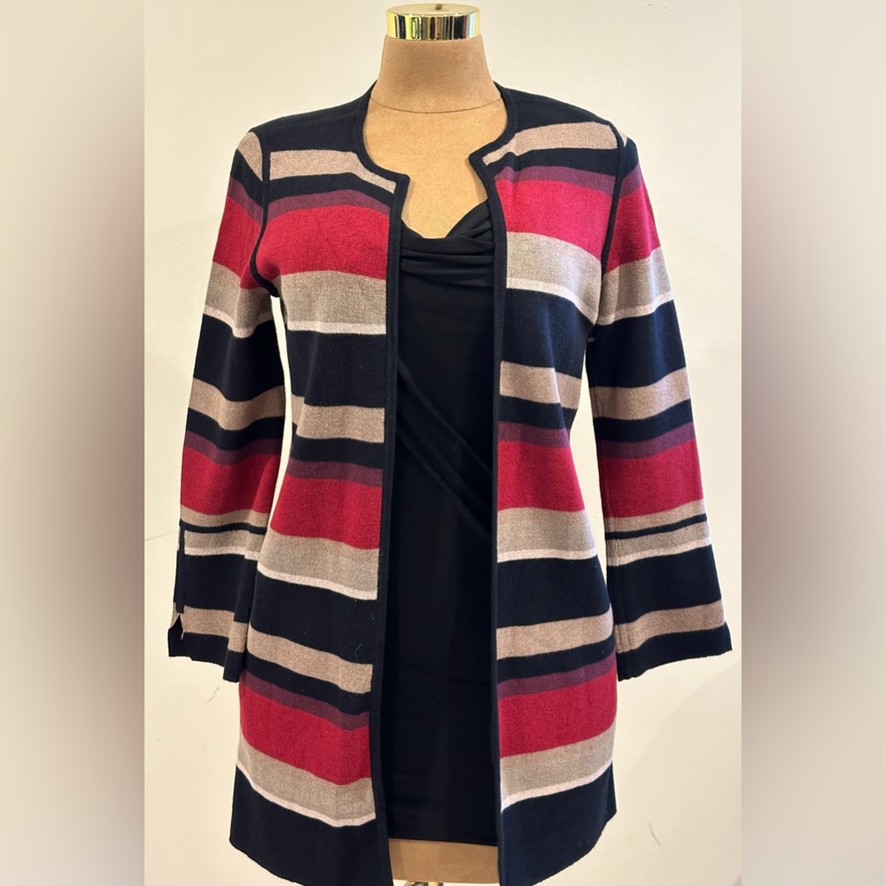 Chicos  Long Striped  Red Black Brown Open No Button Cardigan Sweater Sz 1.Comfy